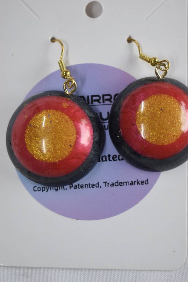 Round Disc Dangle Resin Earrings - Red, Gold & Black
