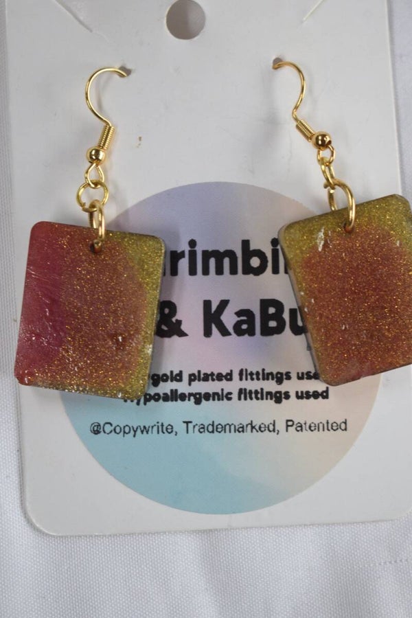 Heart Dangle Resin Earrings - Red, Gold & Black