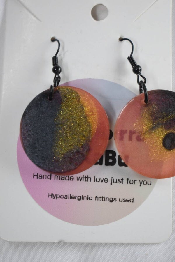 Round Disc Resin Earrings - Orange, Black & Gold