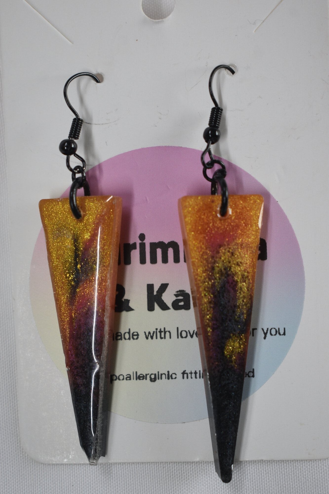Long Triangle Resin Earrings - Orange, Gold & Black