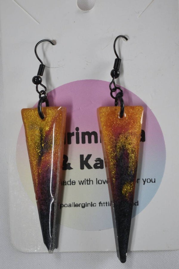 Long Triangle Resin Earrings - Orange, Gold & Black