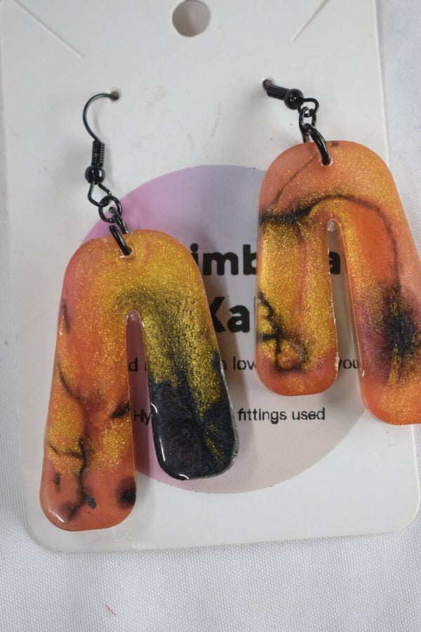 U-Shaped Arch Resin Earrings - Orange, Gold Glitter & Black