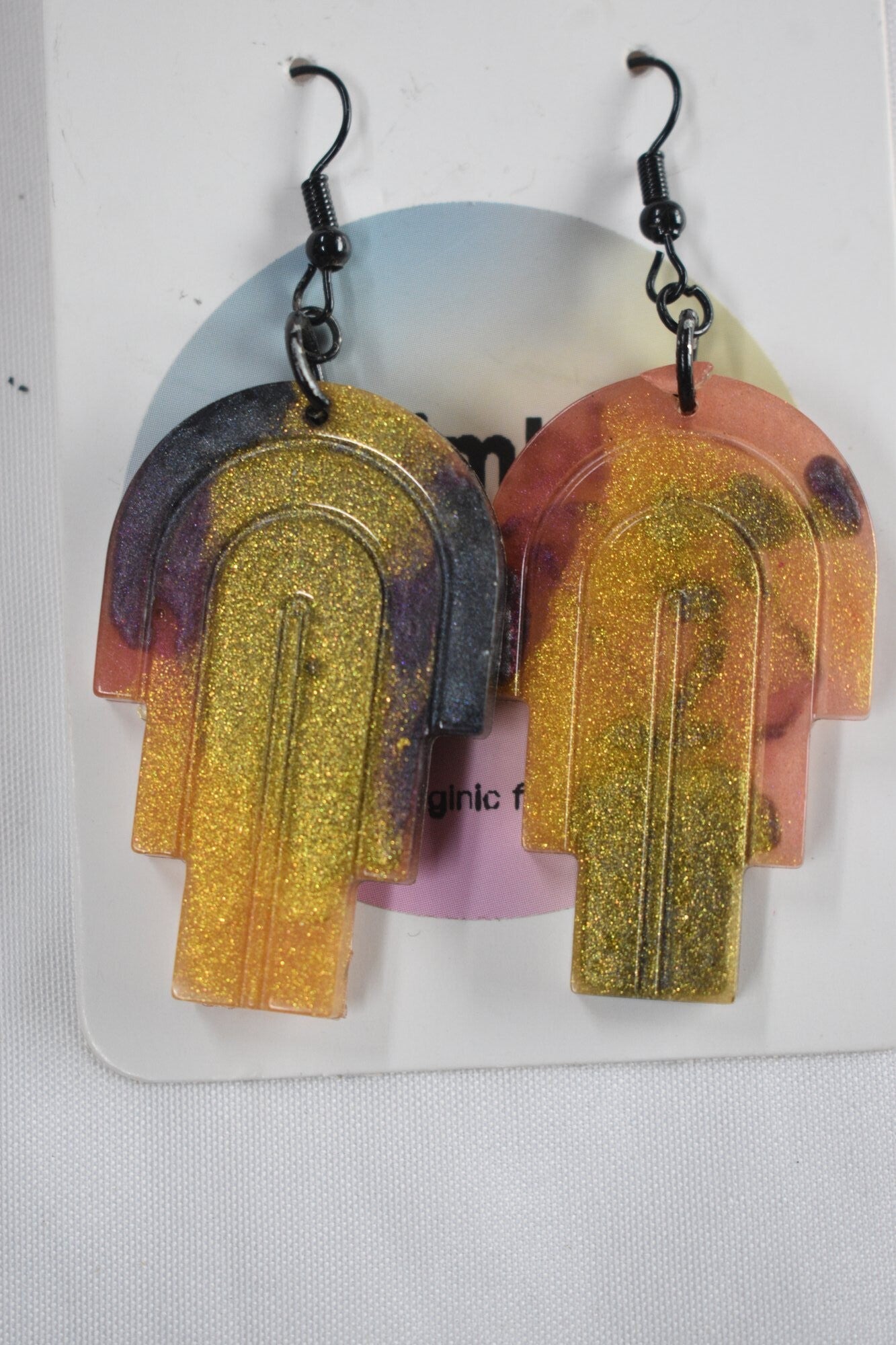 Arch Shape With Insets Resin Earrings - Gold Glitter, Pink & Black