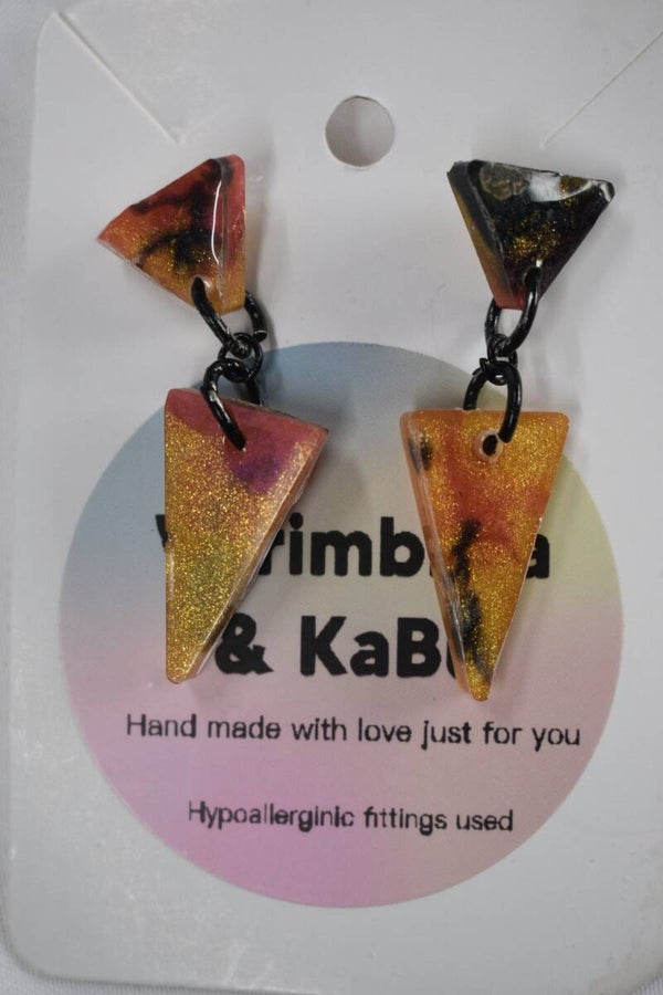 Triangle With Small Triangle Dangle Resin Earrings - Orange, Gold, Pink & Black