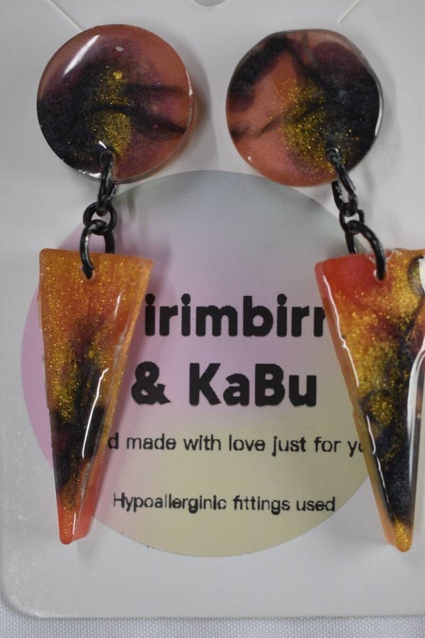 Triangle With Round Dangle Resin Earrings - Orange, Gold & Black