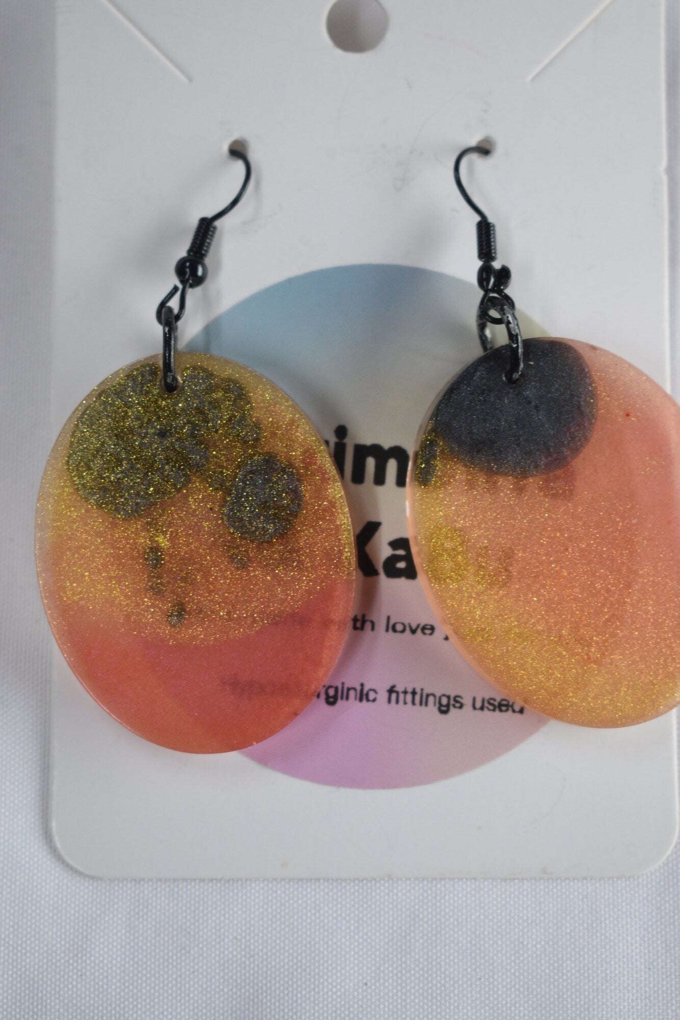 Large Oval Disc Resin Earrings - Orange, Gold & Black