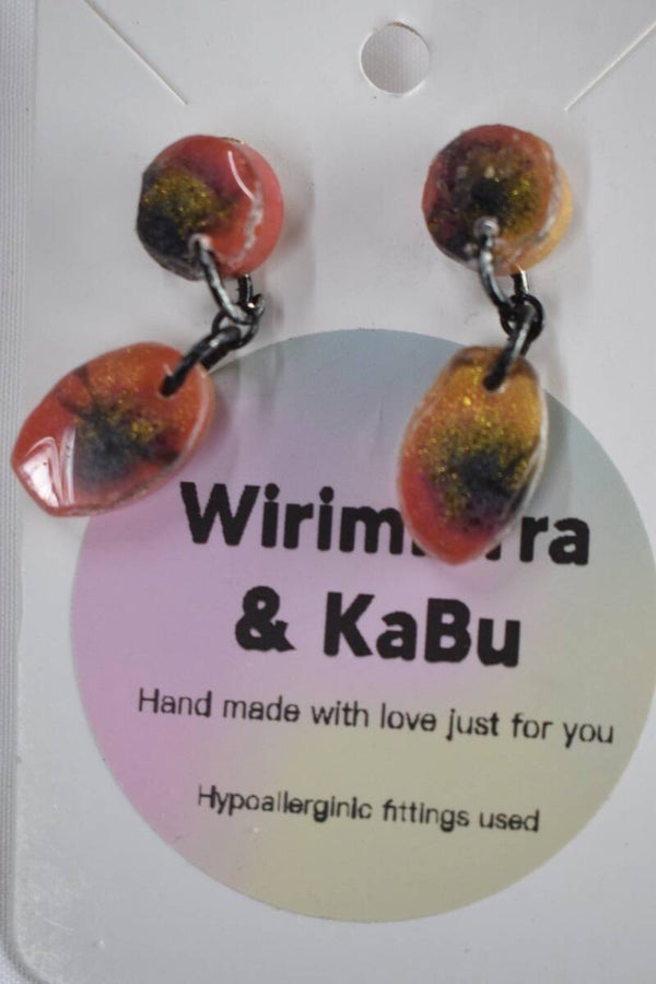 Oval With Small Round Dangle Resin Earrings - Coral, Orange, Gold & Black