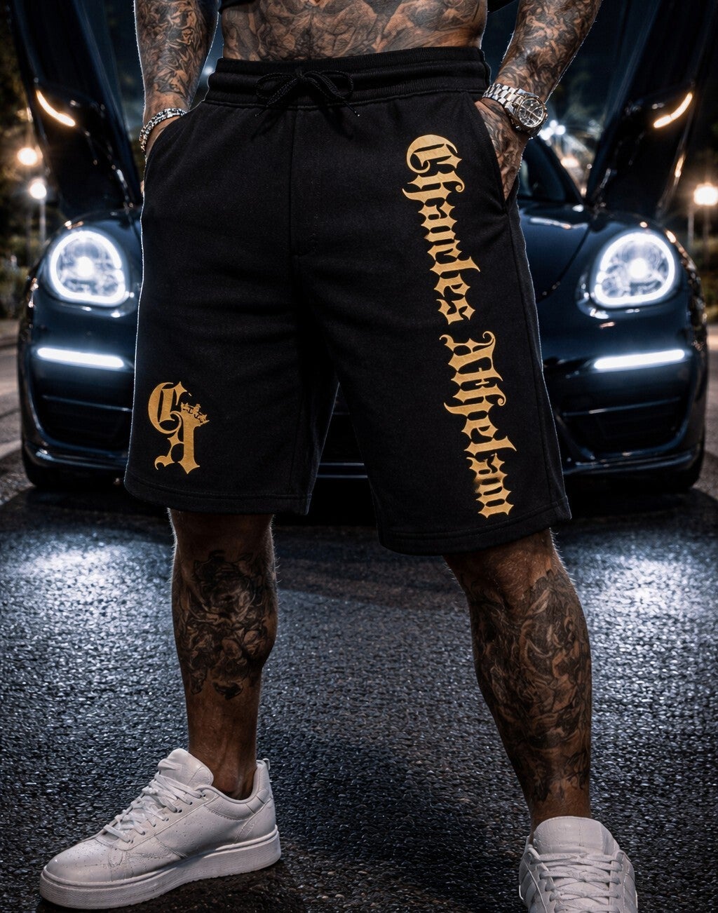 .Men's Black & Gold Shorts.
