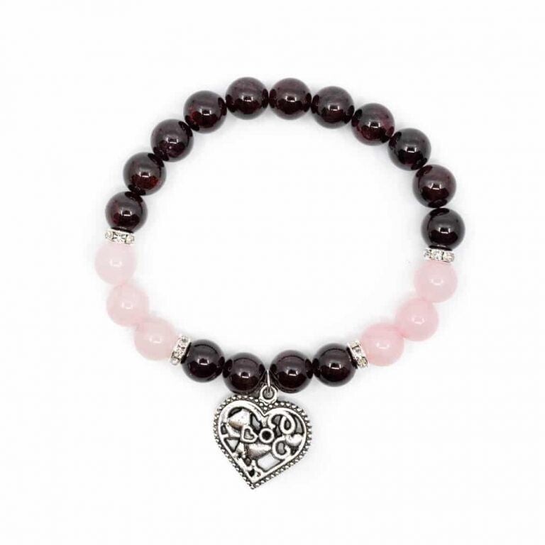 Armband Granaat/ Roze Kwarts met Hartje