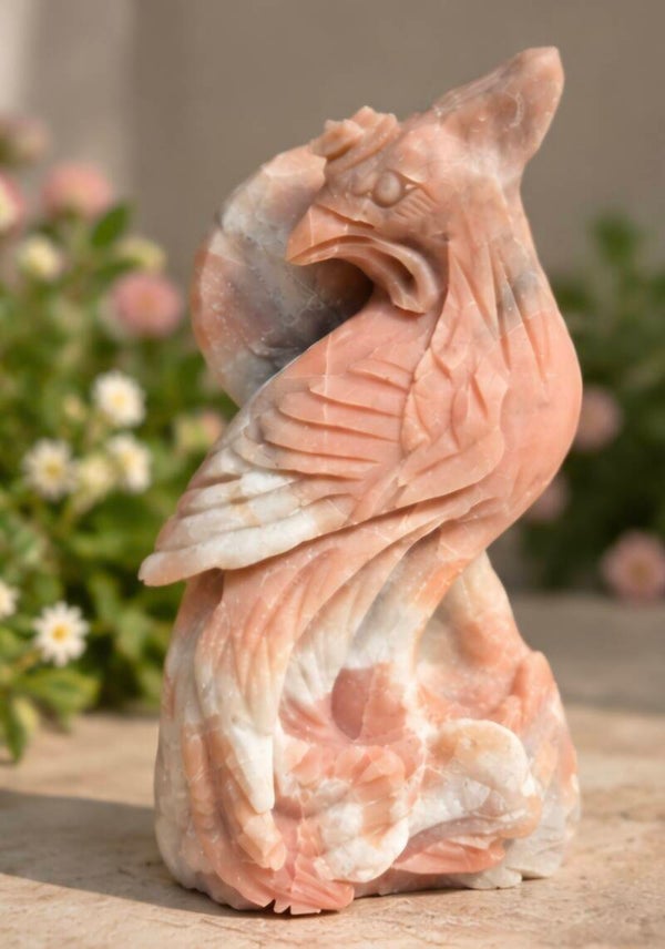 Roze Opaal Feniks (Phoenix) Carving – Uniek Handgesneden Beeld