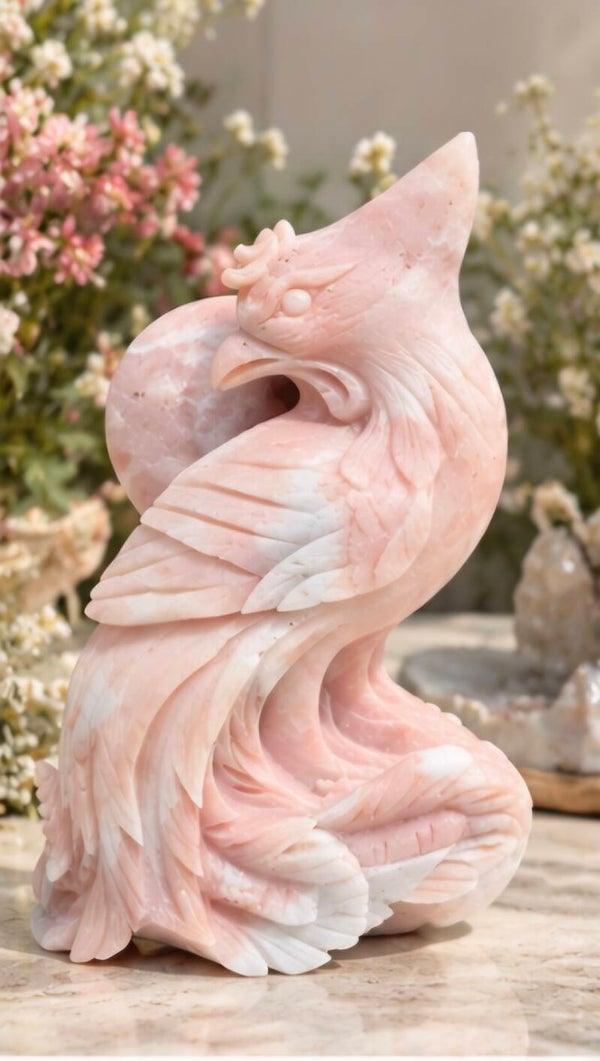 Roze Opaal Feniks (Phoenix) Carving – Uniek Handgesneden Beeld
