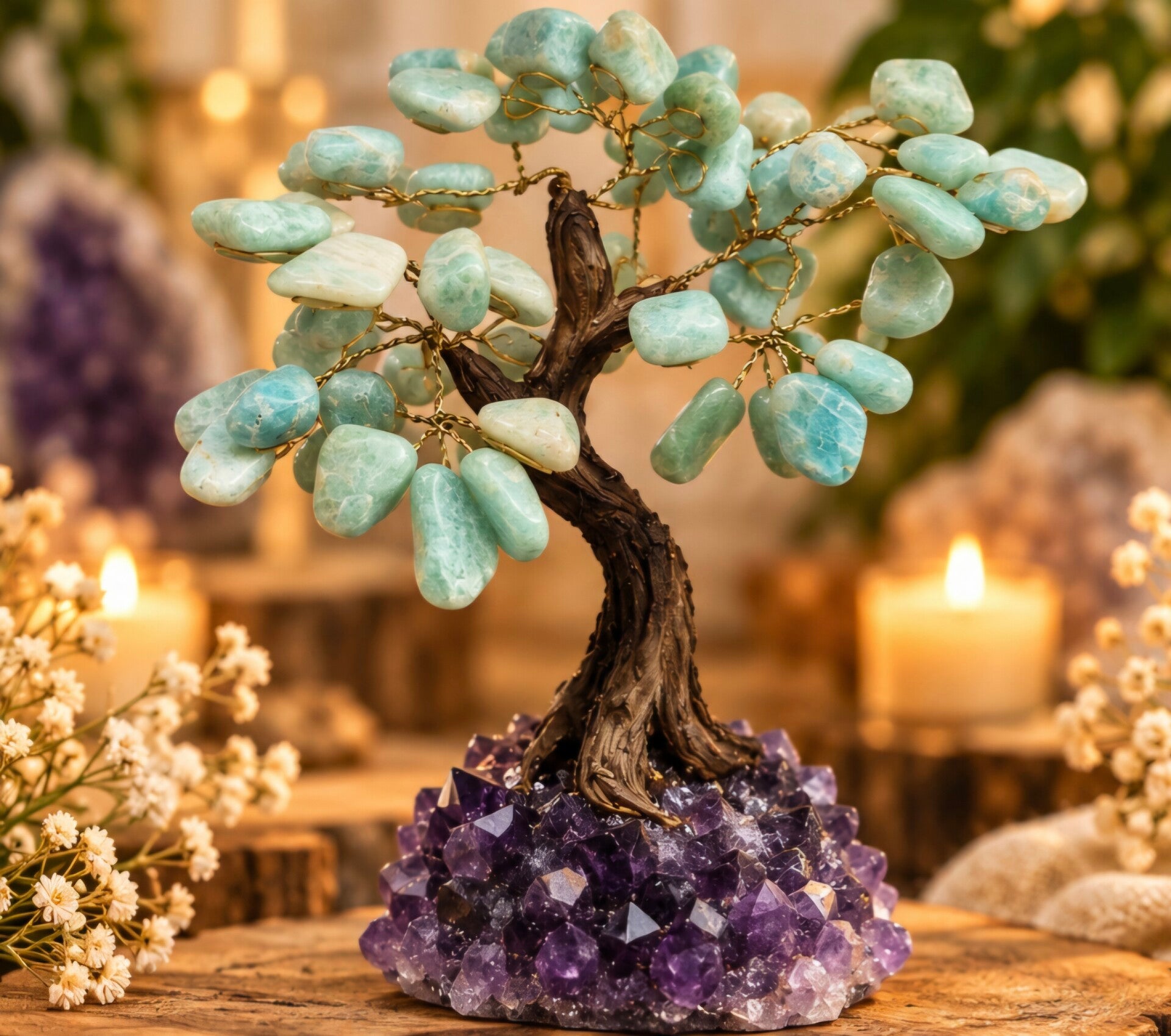 Edelsteenboom Amazoniet op Amethist