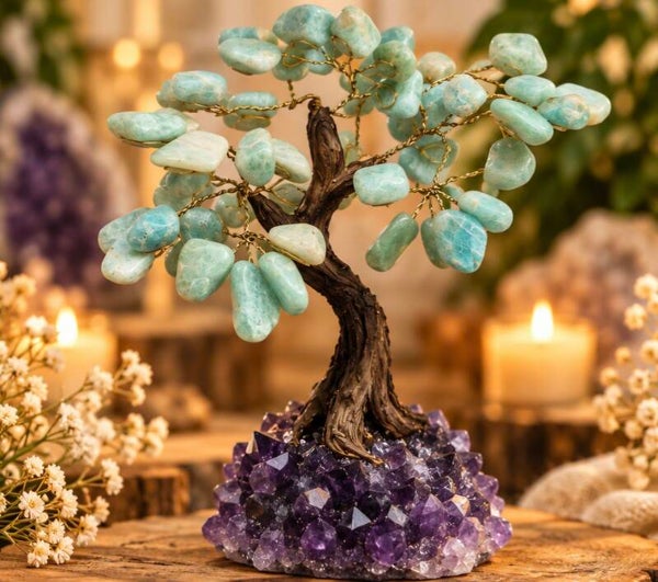 Edelsteenboom Amazoniet op Amethist