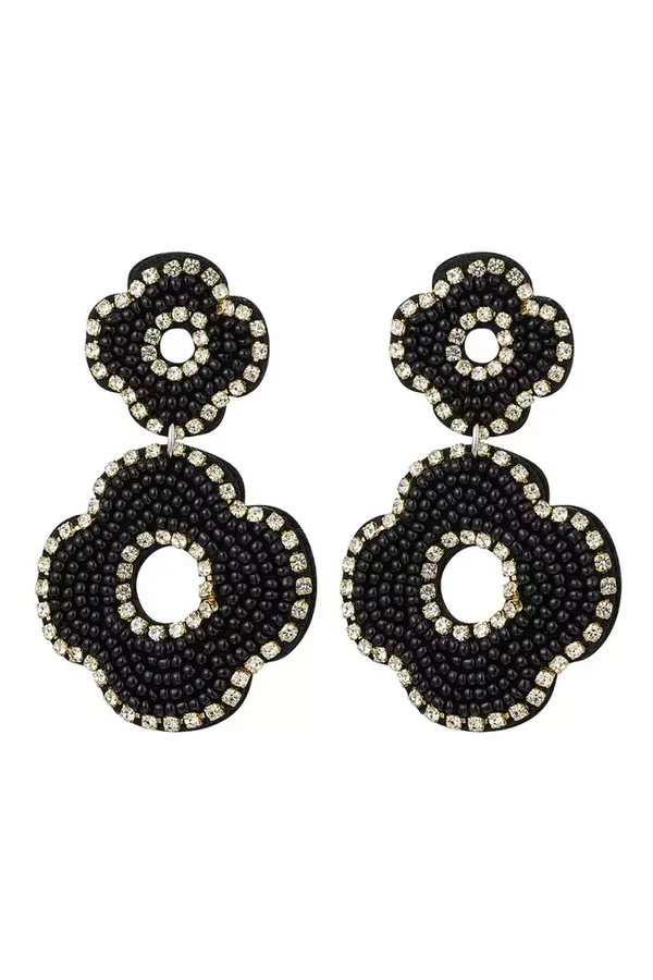 Earrings beads double flower Black