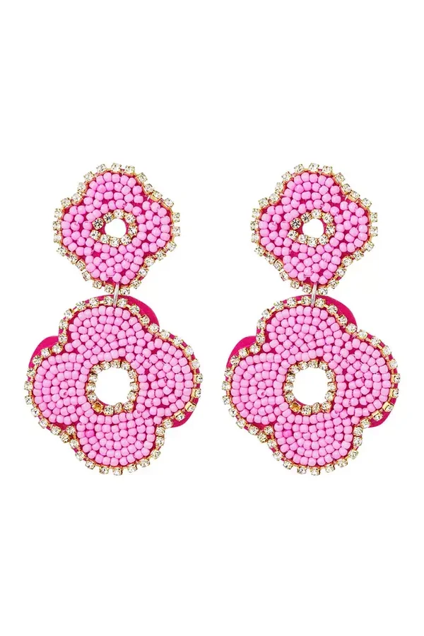 Earrings beads double flower Fuchsia