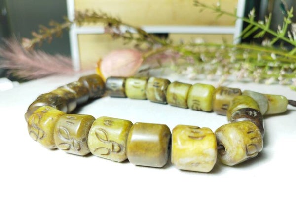 Bracelet Perles de prière en jade naturel tibétain antique, Bouddha sculpté Tête de Bouddha