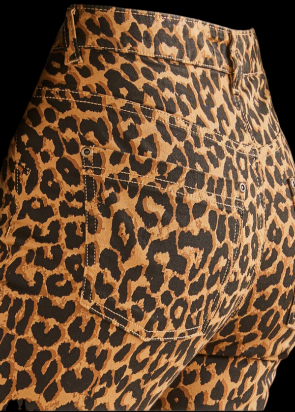 Pantalon droit stretch imprimé léopard, noir / caramel