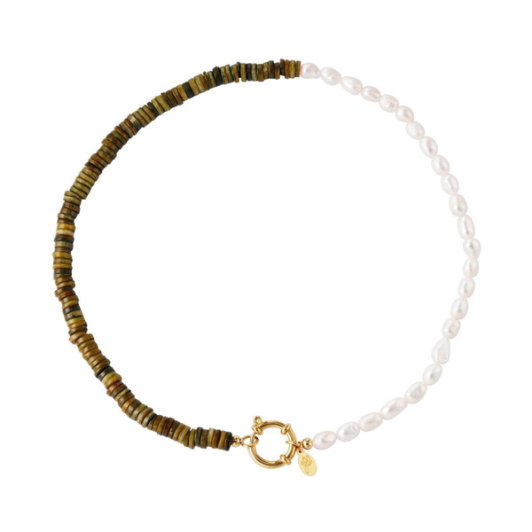 Ketting | RVS | parelmoer twist groen stone | goud