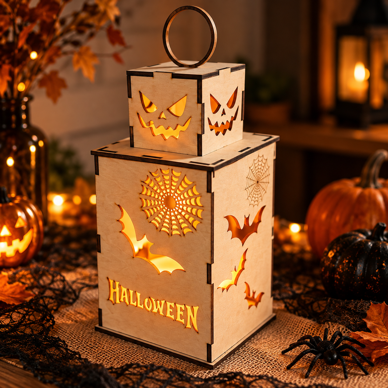 Halloween Laterne aus Holz - Gruselige Halloween Deko