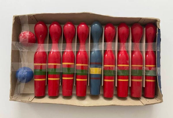 Vintage houten kegelset Graslitzer Spielzeug - Alle Neune!