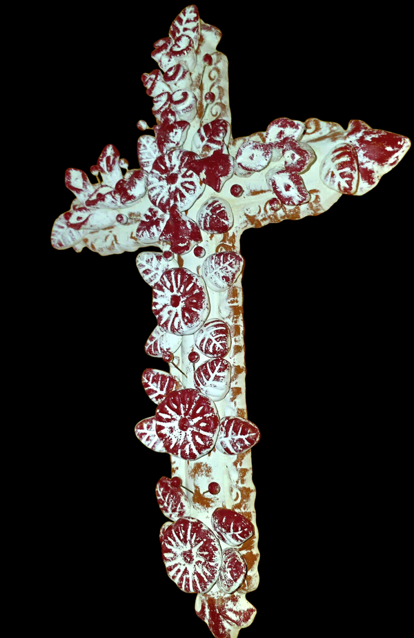 Birds and Flowers White/Red Patina Terracotta Cross