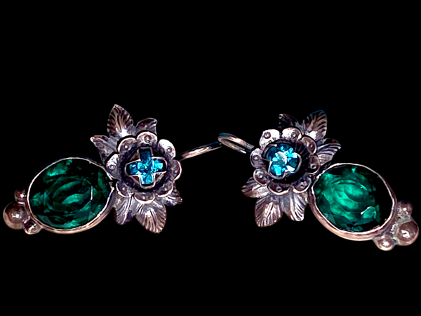Deep Green Emerald Swiss Crystal.  Silver 925 Earrings