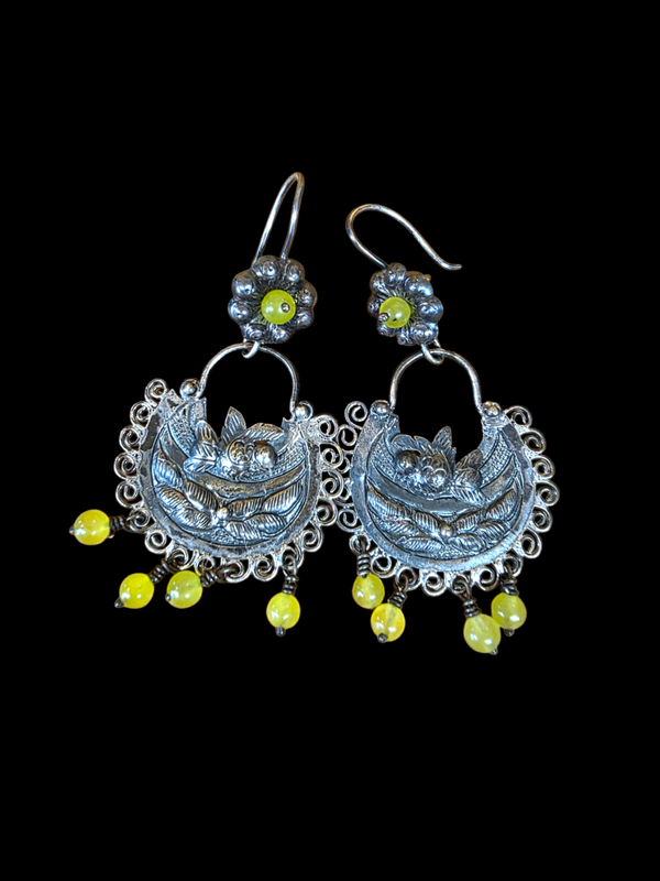 Filigree Green Agate Silver Earrings from Oaxaca