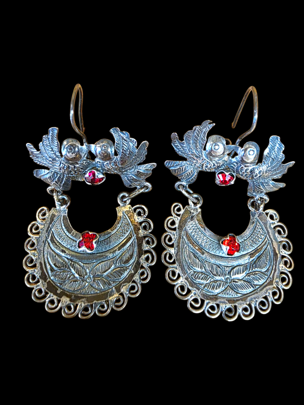 Filigree Artisanal Mazahua- Earrings - Red Garnet Stone