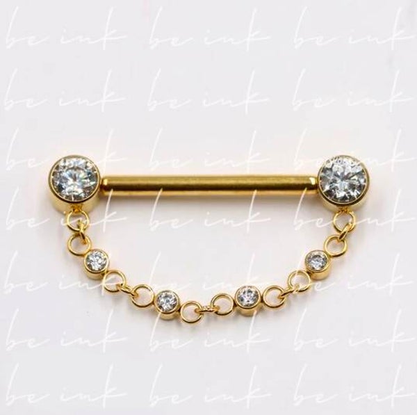 TN1119 → Chain-Link Crystal Barbell – Titanium PVD Gold
