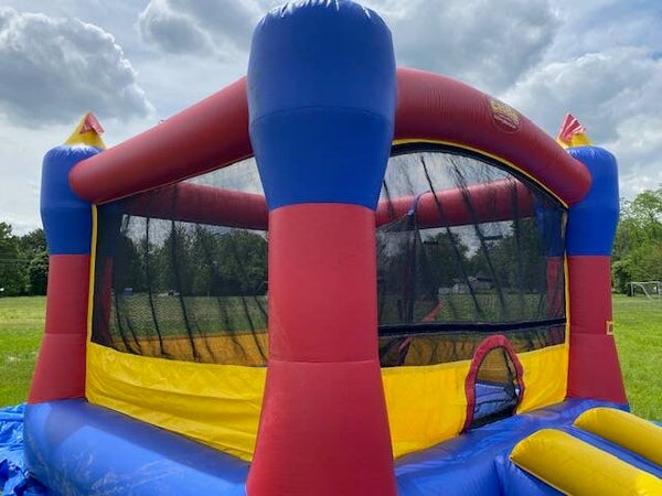 Yellow, Blue and Red - Medium size inflatable bounce house.