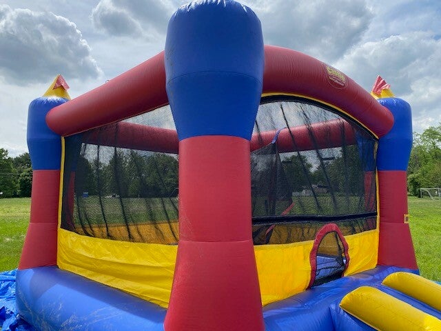Yellow, Blue and Red - Medium size inflatable bounce house.