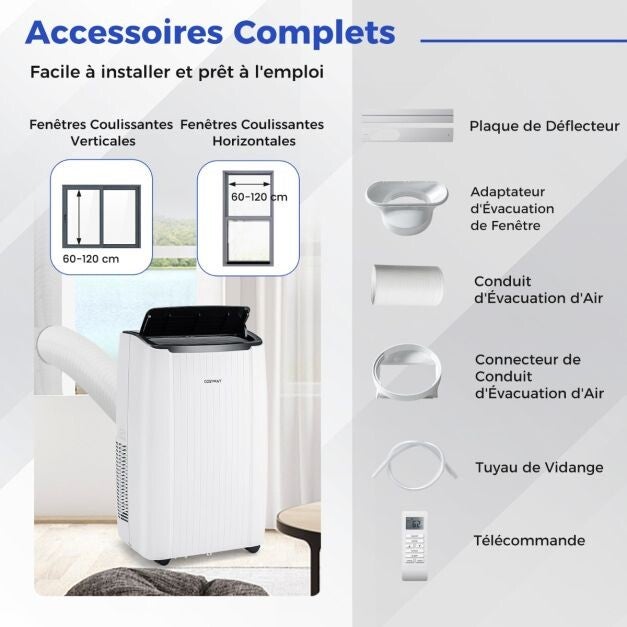 Climatiseur Mobile 14000 BTU 4 en 1 Refroidissement Chauffage Ventilateur Déshumidificateur Minuterie 24H pour jusqu'à 65m²