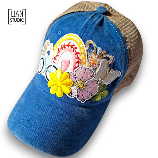 Floral Bikeride Cap met Patches Blauw Camel