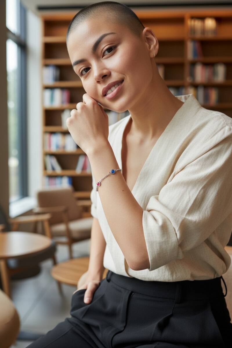 Zo ziet je balletjes armband met geboortesteentjes in satijn look eruit, hier bij een model te zien.