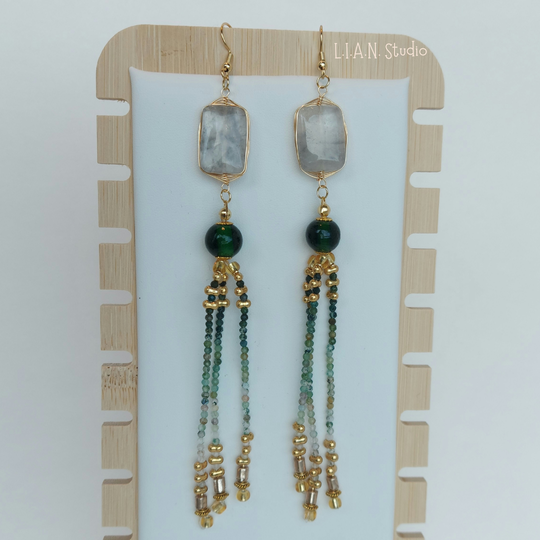 Handgemaakte Morella mosagaat x cloudy kwarts statement oorbellen