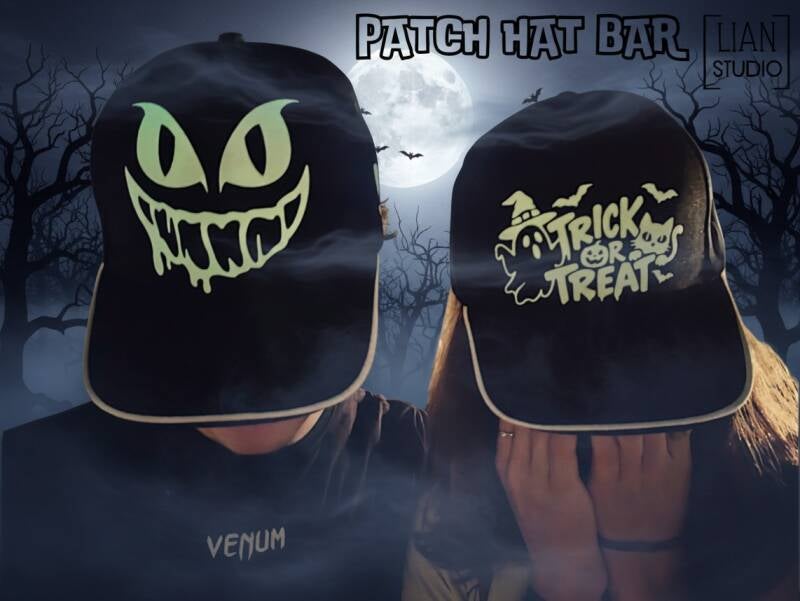 Trick or Treat Halloween caps met glow-in-the-dark opdruk van LIAN Studio's Patch Hat Bar