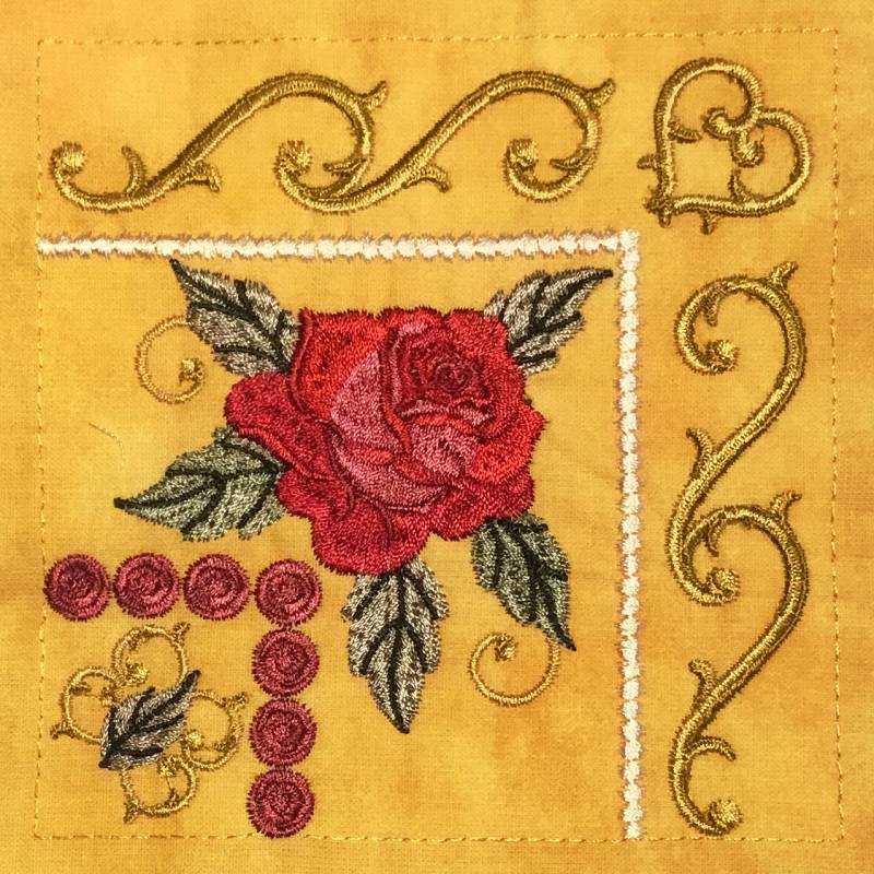 Detail uit muurquilt Q22 De Rozentuin.