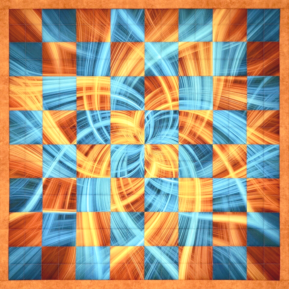 Quilt: De lange hete zomer. Weergegeven  met  een draaikolk op de 64 speelvelde  van een schaakbord in geel en blauw..