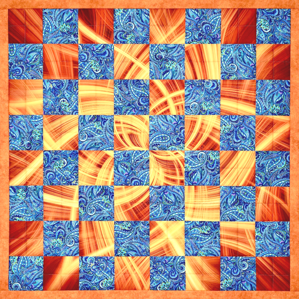Quilt: Een niieuwe lente. Weerergegeven op een schaakbord. Geel voor de zon en blauw  voor Paislypatronen.