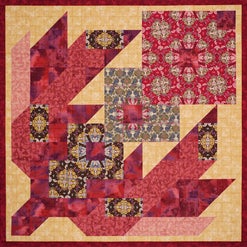 Quilt wamddecoratie: Q53 Amazing Flowers. Gedeelte van ornamenten in blokken plaatsen en combineren zodat er bloemen ontstaan. Welke samen weer een grote bloem vormen.