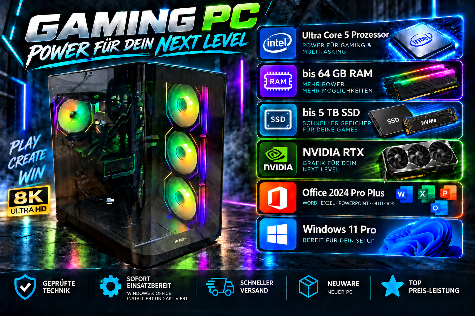 26-36 Gaming-PC | GeForce RTX 5060 Ti | 4,9GHz | 32 GB DDR5 RAM | SSD | Win 11 Pro | Office 24 Pro