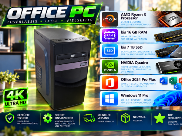 26-69 4K Office-PC | 3,7 GHz | bis 16 GB RAM | bis 7 TB | SSD | Win 11 Pro | Office 24