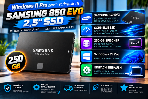 26-99 250 GB SSD | Windows 11 Professional vorinstalliert | SAMSUNG 860 EVO | 2,5" SSD
