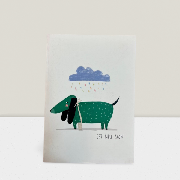 Kaartje beterschap: hondje in de regen