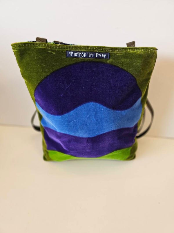 retro blauw met groen velvet Smaal shopper