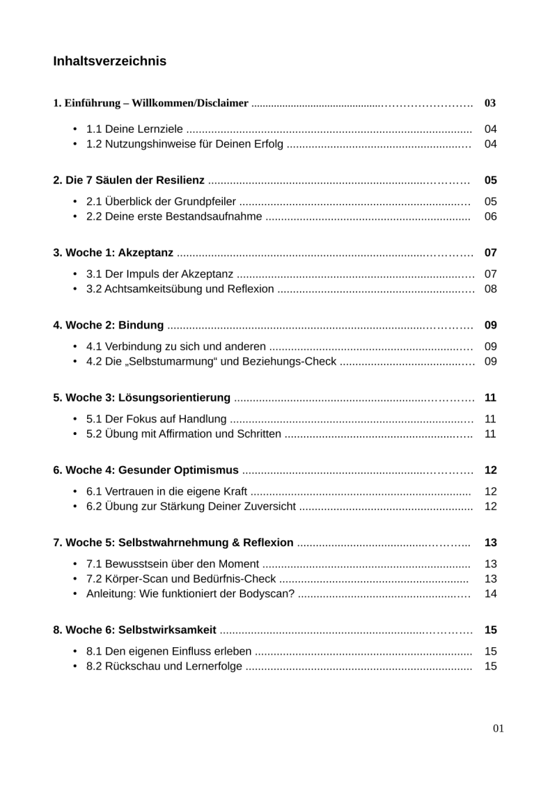 Inhaltsverzeichnis Resilienz-Training: 7 Säulen der Resilienz, Akzeptanz, Lösungsorientierung und Selbstwirksamkeit – Workbook Sober Division