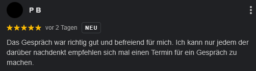 Positive Erfahrung bei Sober Division: Klient P B beschreibt das Coaching bei Tobias Mellenberg als befreiend und empfiehlt die Terminvereinbarung.