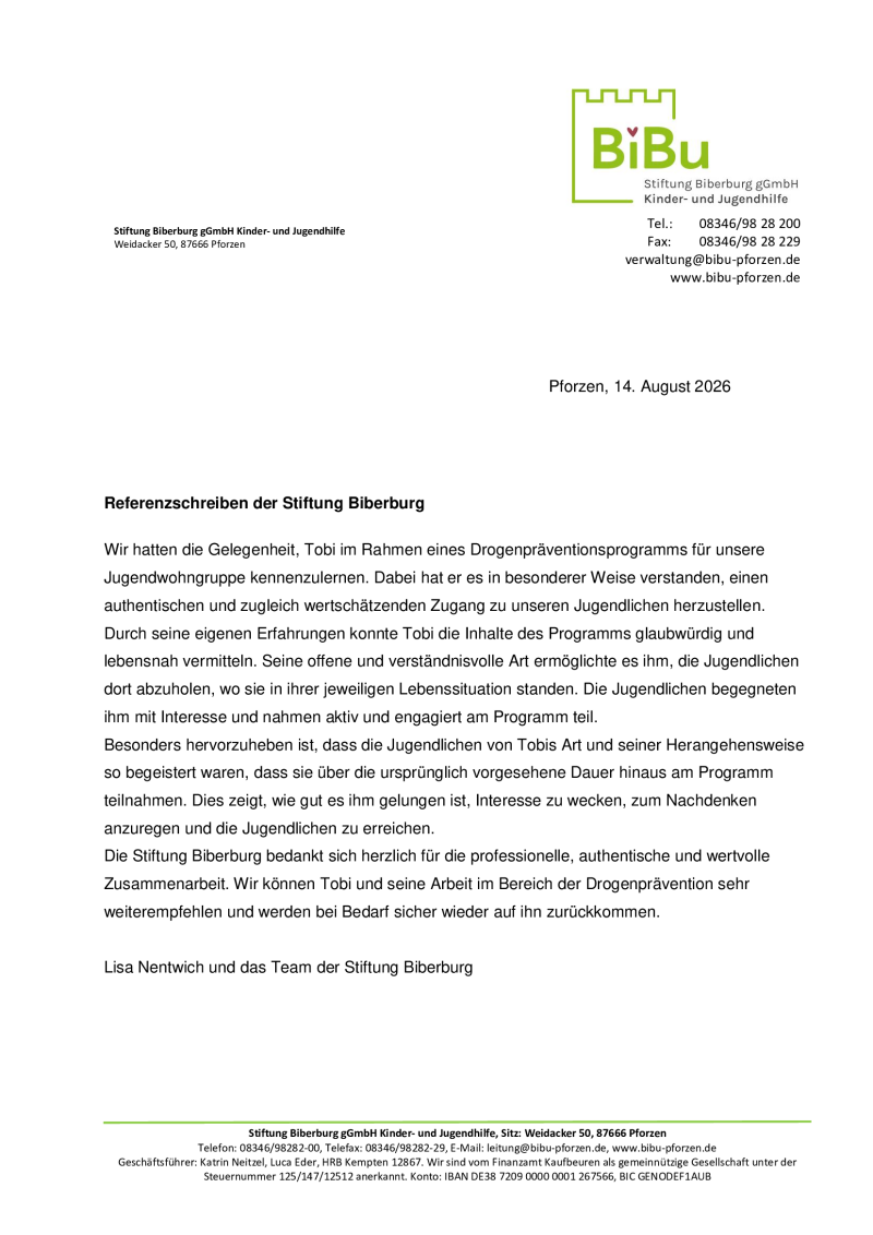Referenzschreiben der Stiftung Biberburg für Tobi von Sober Division über ein systemisches Drogenpräventionsprogramm in der Kinder- und Jugendarbeit sowie Suchtberatung für eine Jugendwohngruppe.