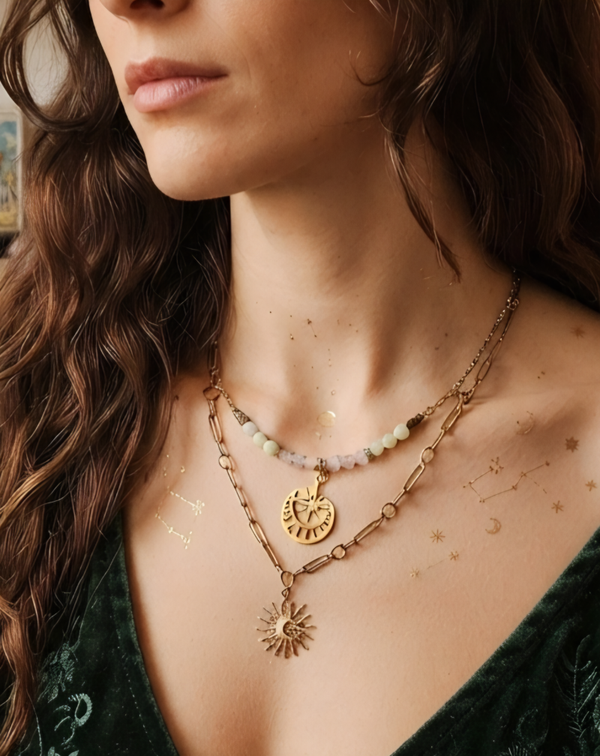 Collier Quartz Rose, Pierre de Lune double rang « Solstice & Éclipses »