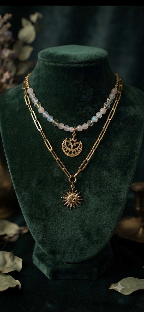 Collier Quartz Rose, Pierre de Lune Double Rang "Étoile des Saisons"